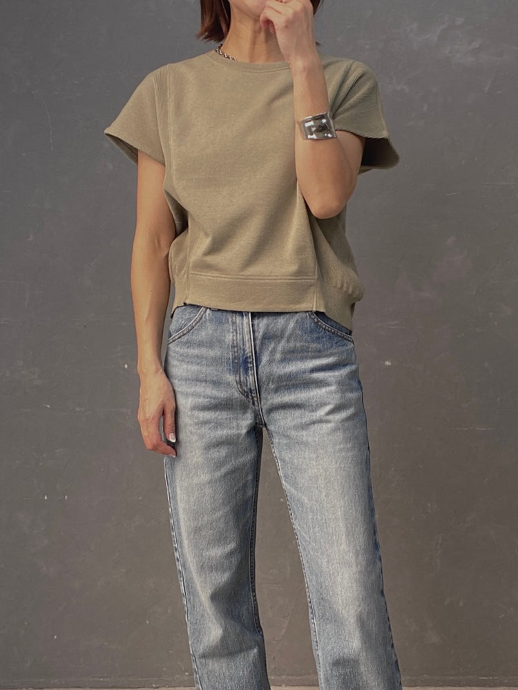 ニット袖フレンチスリーブの裏毛トップス