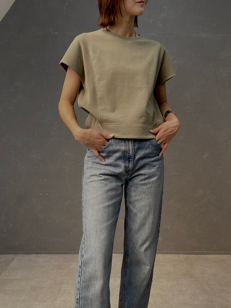 ニット袖フレンチスリーブの裏毛トップス